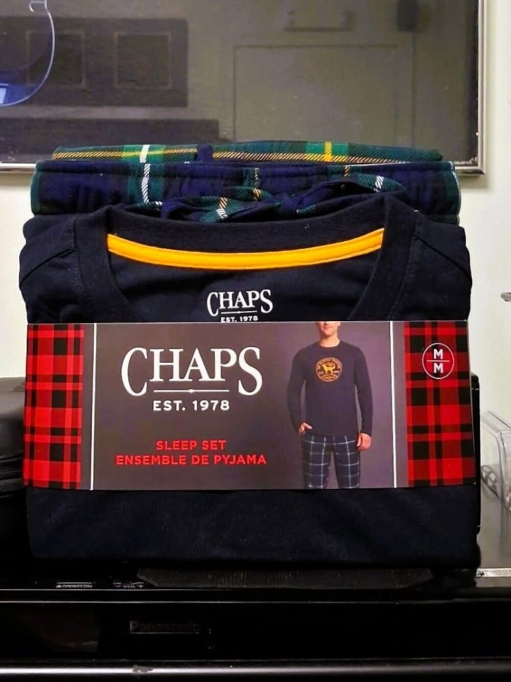 Gift for Him NWT Chaps Mens 2pc Sleep Set Blue Jersey Top Plaid Fleece Pants M